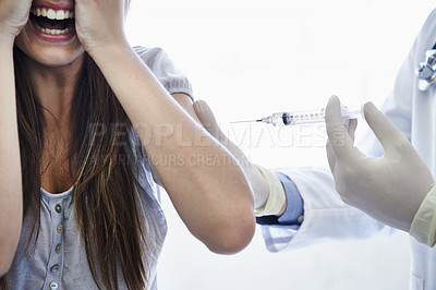 Buy stock photo Patient, doctor and syringe injection with fear, scream or needle for flu vaccination, trypanophobia or healthcare. Medical worker, woman and shot in arm for disease protection, scared or treatment