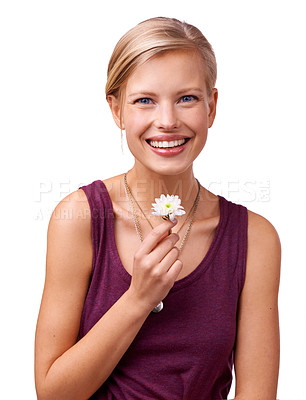 Buy stock photo Studio, happy woman and portrait of daisy by white background and gift of love or new beginning in mockup. Model, face and positive with flower for stress relief, calm and wellness with floral plant