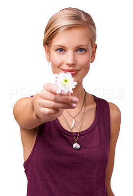 Buy stock photo Studio, woman or giving a flower in portrait by white background or gift of perfume for botanicals. Model, present or creative inspiration with daisy for stress relief or kindness on face with plant