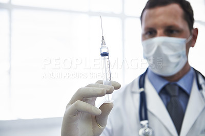 Buy stock photo Doctor, syringe and vaccine injection with needle for disease treatment for influenza virus, antibiotic or healthcare. Male person, face mask and immunization shot in hospital, booster or prevention