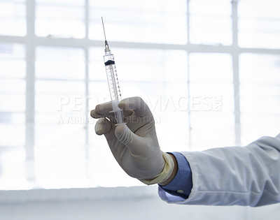Buy stock photo Doctor, hand and syringe or vaccine injection or influenza virus treatment for prevention, booster or flu shot. Person, fingers and gloves as immunization vial or antibiotic, medication or allergy