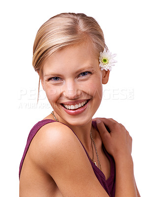 Buy stock photo Flower, beauty and portrait of woman on a white background for skincare, wellness and aesthetic. Happy, attractive and isolated person with floral, bloom or plant for natural cosmetics in studio