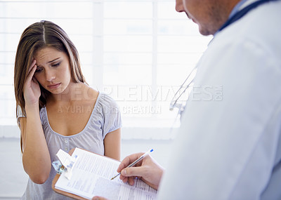 Buy stock photo Doctor, woman and consultation or paperwork for sick diagnosis checklist or results, headache or virus. Patient, healthcare worker and document in hospital or migraine prescription, test or treatment