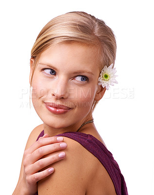 Buy stock photo Skincare, thinking and woman with beauty or flower with shine, smile and skin treatment in studio. White background, face or female person isolated with natural facial cosmetics, wellness or glow