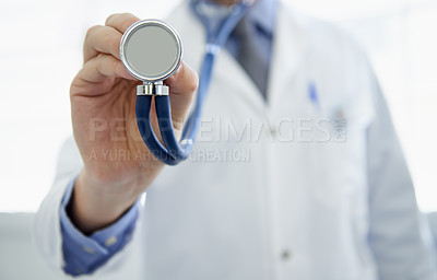 Buy stock photo Doctor, hand and stethoscope or cardiology consultation or heart rate listening for healthcare, wellness or treatment. Medical person, equipment and monitor or virus service, diagnosis or examination
