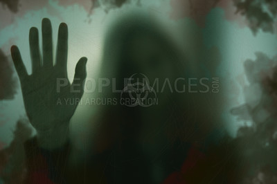 Buy stock photo Indoor, biohazard and person with hand on window with scary, danger or zombie trapped in home. Dark, horror and person with creepy aesthetic from virus, risk and sign on glass warning of toxic threat
