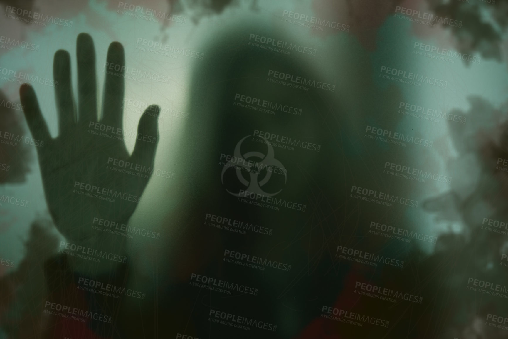 Buy stock photo Indoor, biohazard and person with hand on window with scary, danger or zombie trapped in home. Dark, horror and person with creepy aesthetic from virus, risk and sign on glass warning of toxic threat
