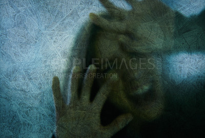 Buy stock photo Scary, woman and scream with hand on glass, window or person trapped in home. Girl, shadow and figure in horror, drama or creepy aesthetic with angry shouting from terror in house with ice on screen