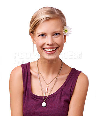Buy stock photo Skincare, portrait and model with smile or flower with shine, beauty or skin treatment isolated in studio. White background, facial glow or happy woman with natural face, wellness or floral leaf art