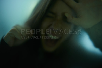 Buy stock photo Scary, scream and woman with hand on glass, window or person trapped in home. Girl, shadow and figure in horror, drama or creepy aesthetic with angry shouting from terror in house with fog on screen