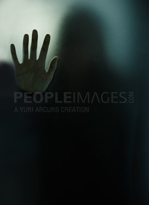 Buy stock photo Cropped shot of woman behind a glass wall during quarantine