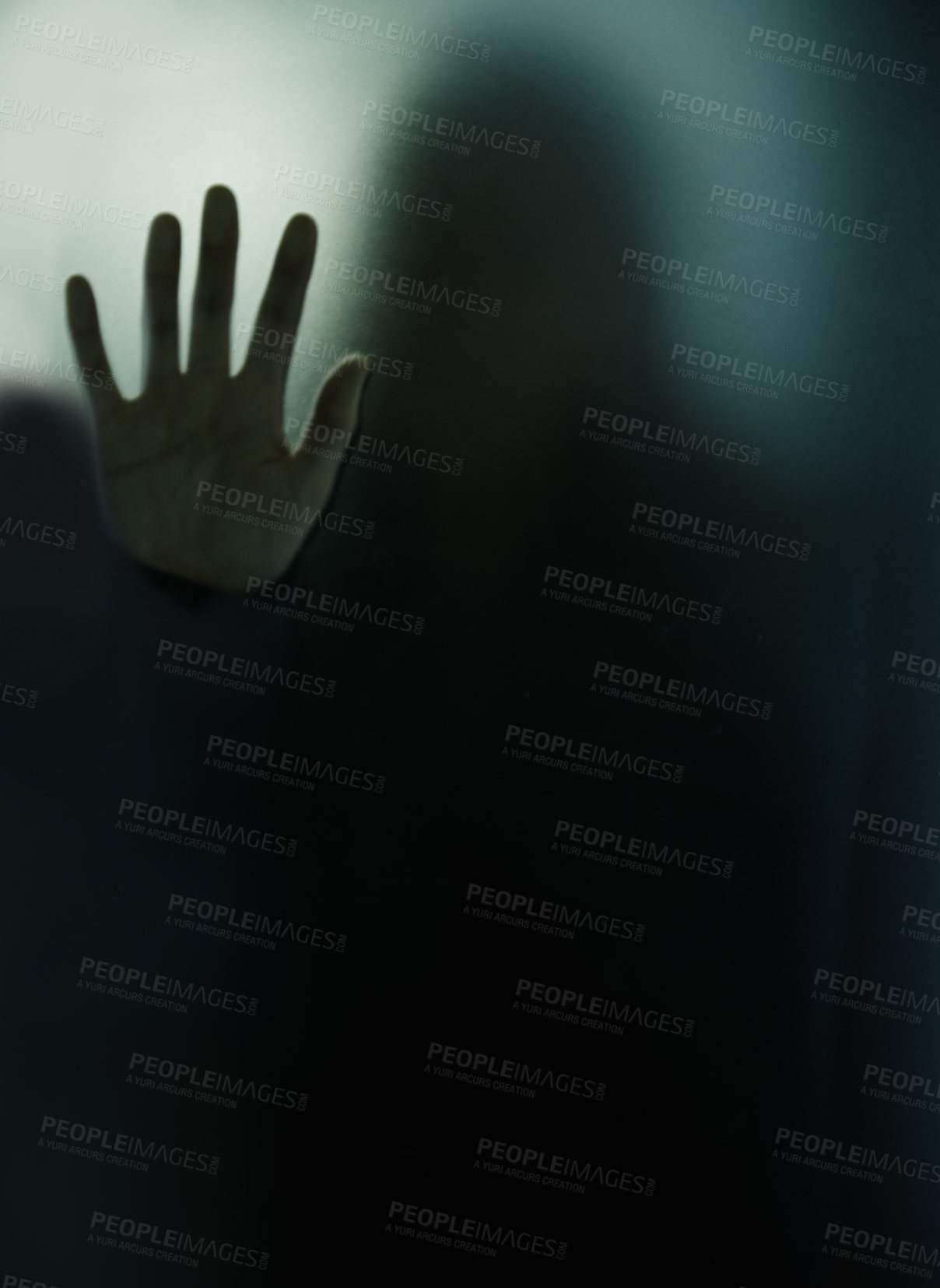 Buy stock photo Cropped shot of woman behind a glass wall during quarantine