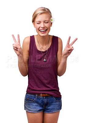 Buy stock photo Happy woman, laughing and peace sign with fashion or flower isolated on white background. Casual girl, model and natural person in studio with fun v hand gesture, spring clothes or hippie smile