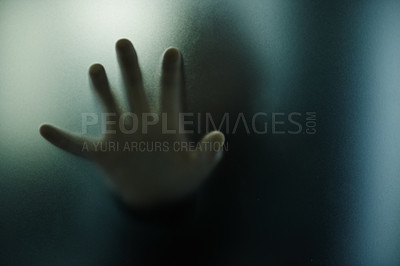 Buy stock photo Scary, hand and person on glass with mystery in window or trapped in home. Ghost, shadow and figure in horror, drama or creepy aesthetic with silhouette in house with spooky fog or smoke on screen