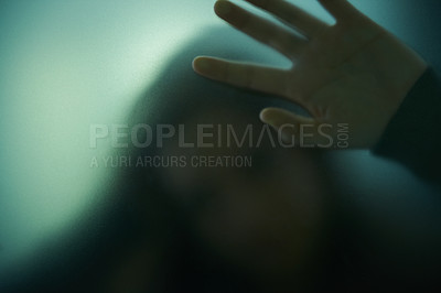 Buy stock photo Scary, mystery and person with hand on glass, window or trapped in home. Ghost, shadow and figure in horror, drama or creepy aesthetic with silhouette in house with spooky fog or smoke on screen