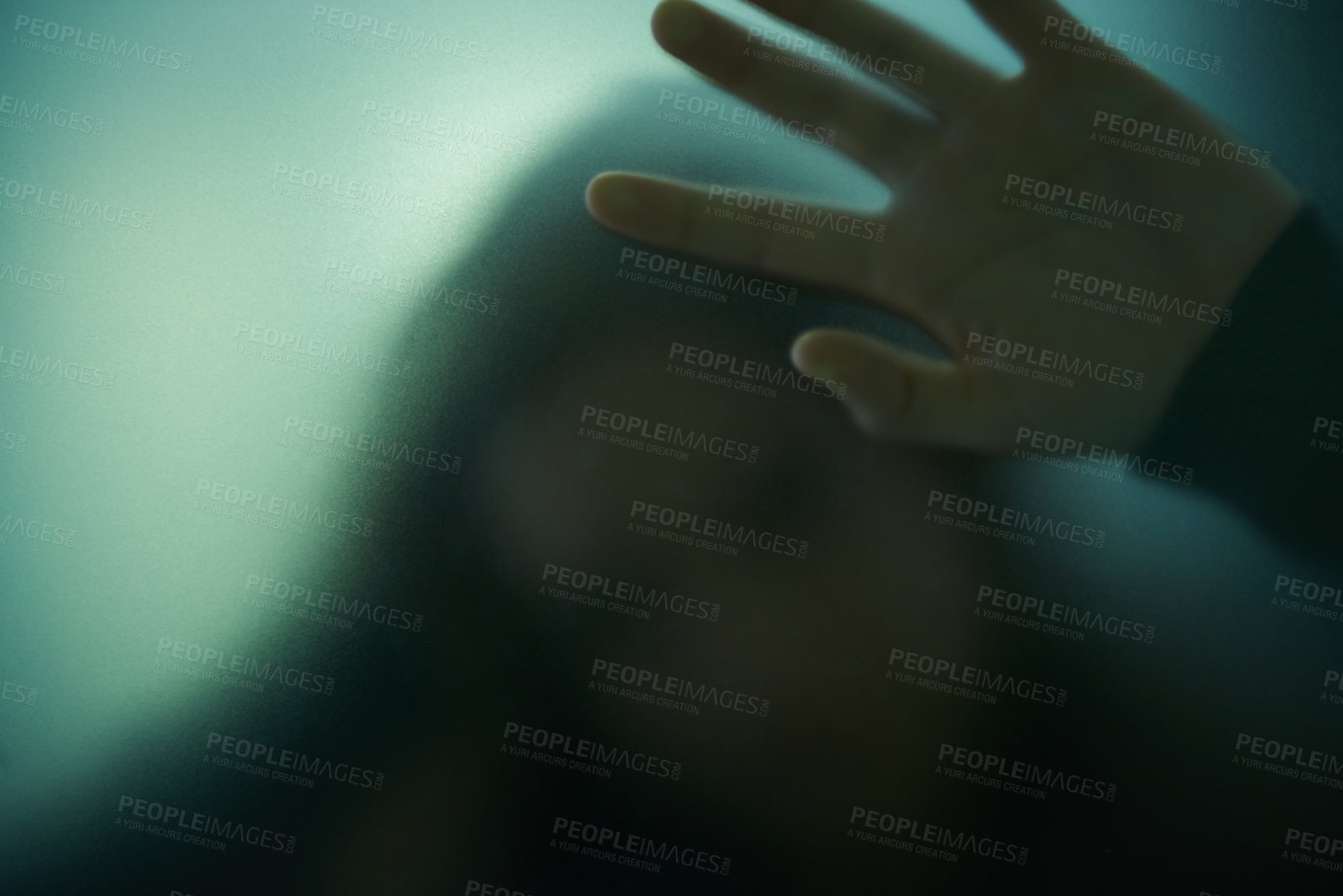 Buy stock photo Scary, mystery and person with hand on glass, window or trapped in home. Ghost, shadow and figure in horror, drama or creepy aesthetic with silhouette in house with spooky fog or smoke on screen