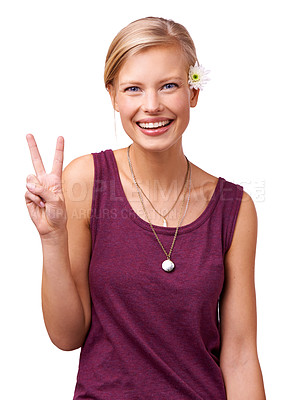 Buy stock photo Model, portrait or peace sign with smile or flower isolated on white background for fashion. Casual girl, happy woman or person in studio with v hand gesture, spring clothes or floral art for support