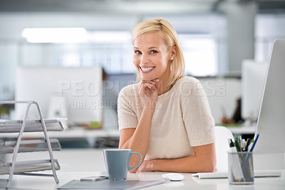 Buy stock photo Smile, desk and portrait of woman with confidence, technology and career opportunity in office. Proud, happy or professional businesswoman with job in project management, development or consulting