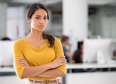 Buy stock photo Business, portrait and woman with arms crossed, startup and confidence with professional and PR consultant. Face, person and entrepreneur with pride and designer in a workplace with agency or company