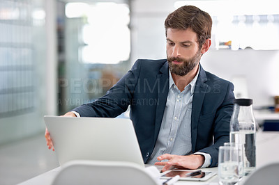 Buy stock photo Laptop, reading and businessman in office for research on company finance or budget project. Technology, career and male financial advisor working with computer on corporate account in workplace.