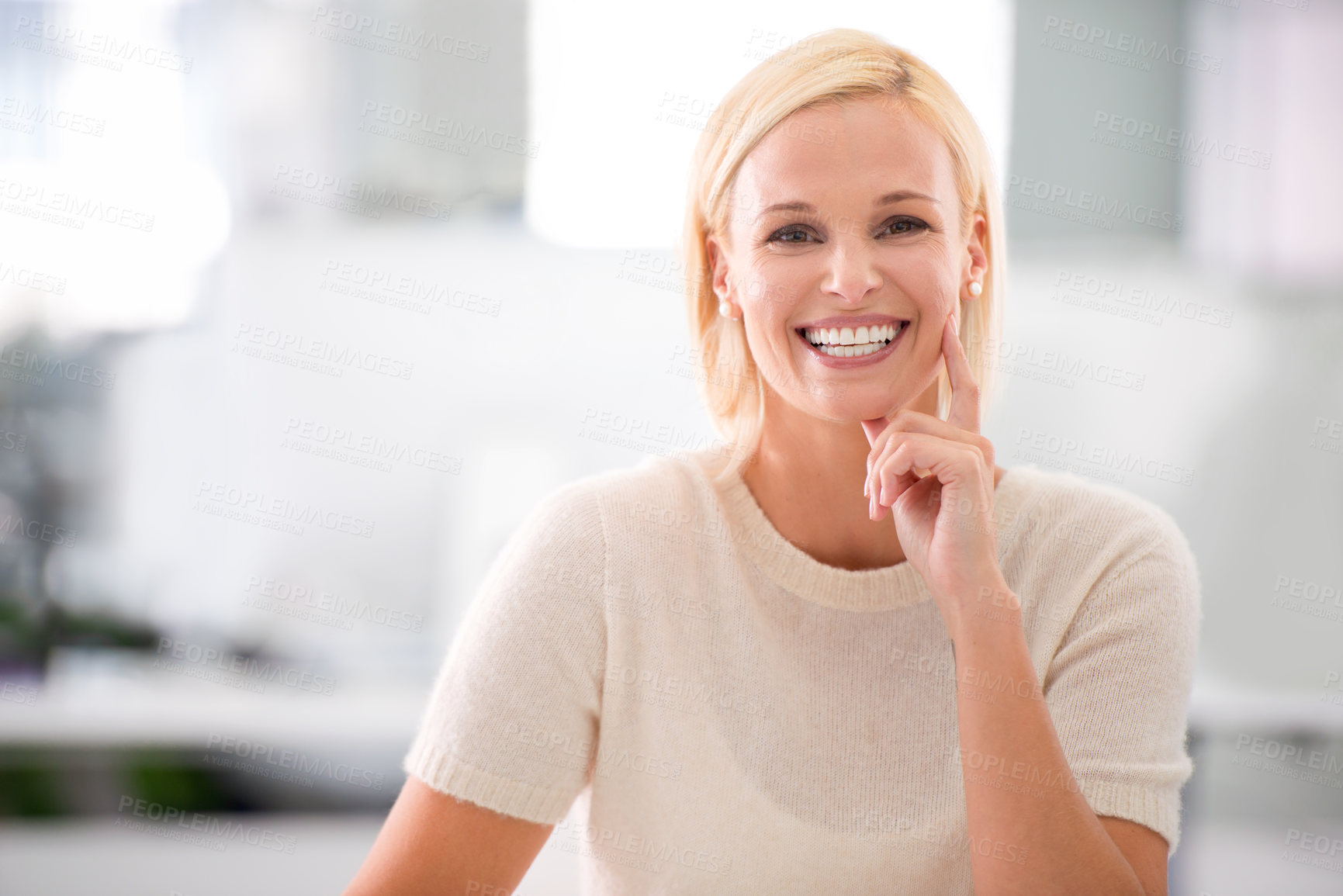 Buy stock photo Laugh, office and portrait of woman with confidence, ambition and career opportunity at startup. Proud, happy or professional businesswoman with job in project management, development or consulting.