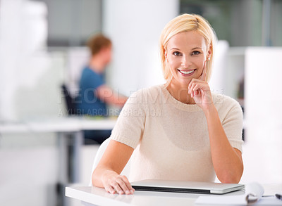 Buy stock photo Smile, office and portrait of woman with confidence, technology and career opportunity at startup. Proud, happy or professional businesswoman with job in project management, development or consulting