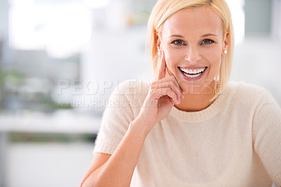 Buy stock photo Proud, office and portrait of happy woman with confidence, career and opportunity at startup. Smile, ambition or professional businesswoman with job in project management, development or consulting.