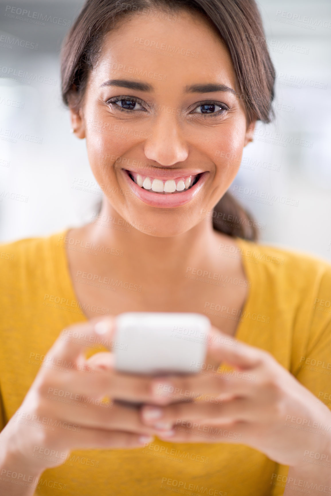 Buy stock photo Happy, phone and portrait of woman in office networking on social media, mobile app or internet. Smile, technology and female person reading online email or text message on cellphone in workplace.