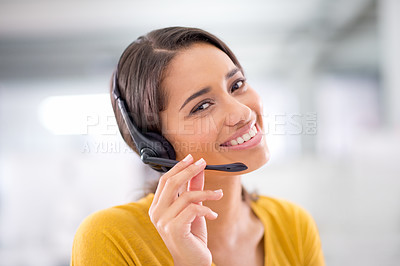Buy stock photo Smile, phone call and portrait of woman with headset, help desk and callcenter at crm office. Proud, happy or professional consultant with job in telemarketing, customer service and online support.
