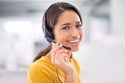 Buy stock photo African woman, smile and headset in portrait talking and helping customer in call center. Professional consultant, connect and communicate on landline support, advise and answer questions for client