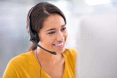 Buy stock photo Headphones, telemarketing and woman with call center, customer service and internet in a workplace. Technical support, office or insurance consultant with headset and help desk for advice or guidance