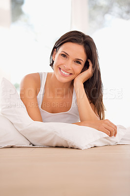 Buy stock photo Smile, woman and portrait to relax in bed, rest and calm on morning in home. Happy female person, wake up and ready for start of weekend in apartment, comfortable and peace or lazy for wellness