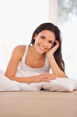 Buy stock photo Happy, woman and portrait to relax in bed, rest and calm on morning in home. Female person, wake up and ready for start of weekend in apartment, comfortable and peace or lazy for wellness in bedroom