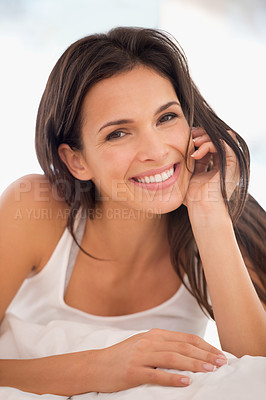Buy stock photo Smile, woman and portrait to relax in bedroom, rest and calm on morning in home. Happy female person, wake up and ready for start of weekend in apartment, comfortable and peace or lazy for wellness