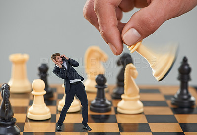 Buy stock photo Man, business and chess with strategy, risk and fear for career safety or attack. Worker, scared and corporate with competition, debt and shouting from terror with pawn overwhelmed with job security