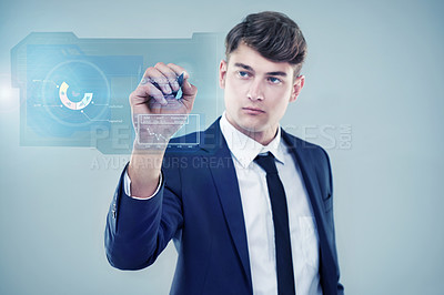 Buy stock photo Businessman, digital and hologram for analysis, charts and innovation in technology and formal suit. Professional male person, tech and stock market for data and online report for graph and trade