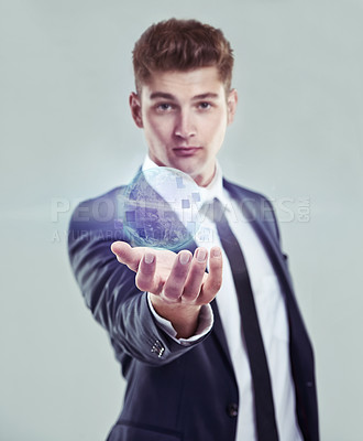 Buy stock photo Business, man and world hologram for future, digital age and connect with technology. Internet, communication and online advantage of web globalisation, network and accessibility on grey background 