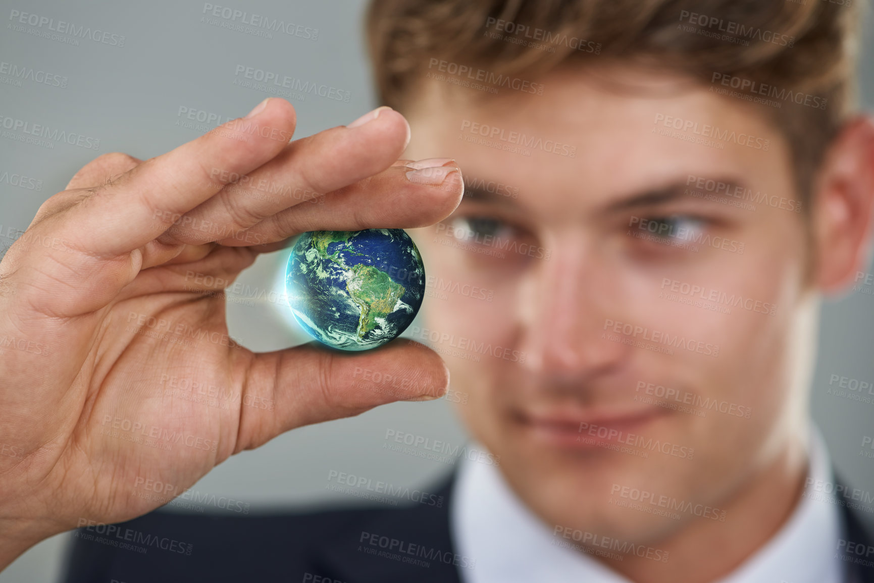 Buy stock photo Hand, globe and hologram, business man for corporate global network and communication worldwide. Planet Earth,  international professional development and future for globalization on grey background