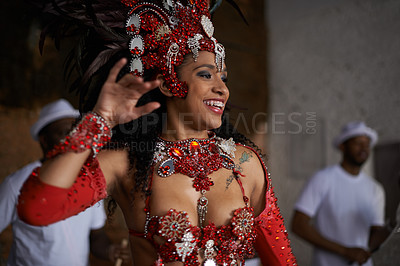 Buy stock photo Carnival, dance and woman in costume for event in Brazil, performer or dancer with gemstone outfit outdoor. Music, band and samba with happiness for entertainment and culture, festival and talent