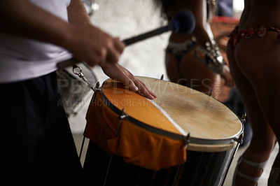 Buy stock photo Drummer, hands and music with percussion drums on stage, rhythm and person with talent in band. Creative people, beat and performing in group as professional musician and energy for entertainment