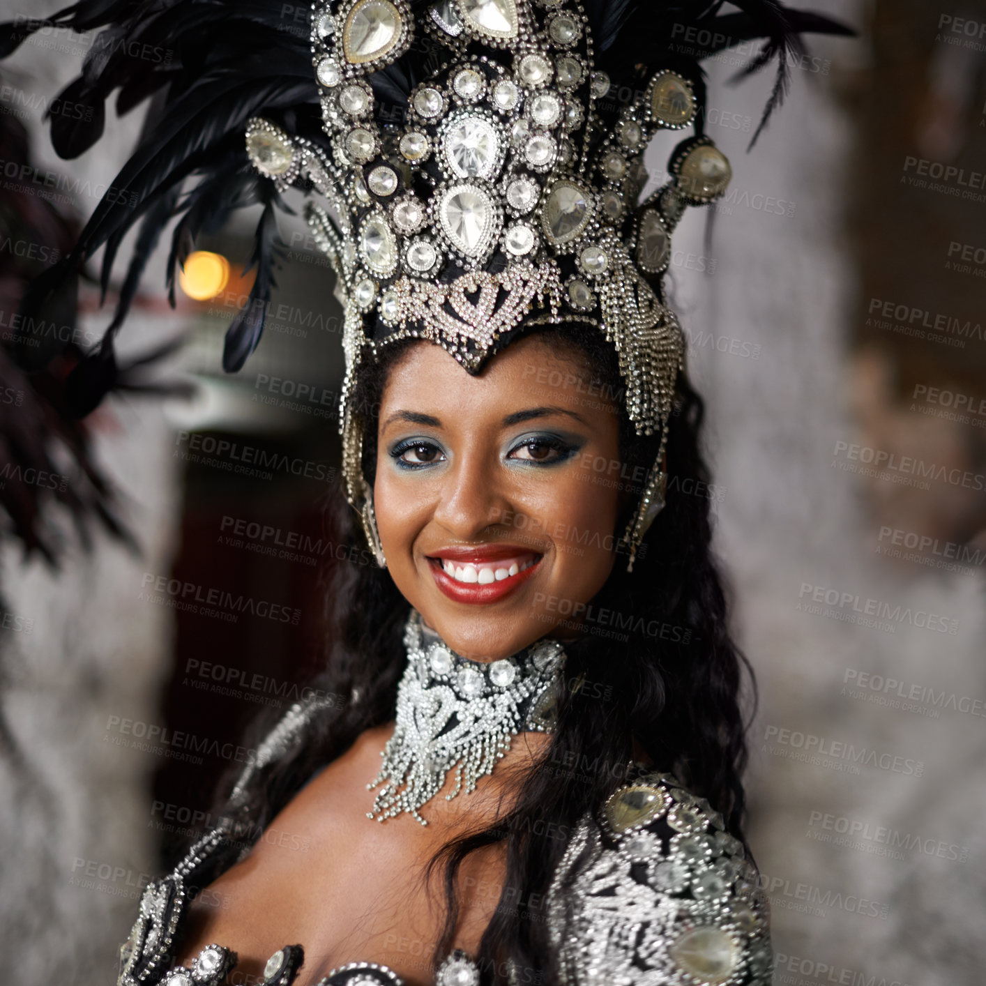 Buy stock photo Brazilian woman, dancer and portrait of street performer in carnival for music and professional entertainer in band. Young passista, face and happy in feathers and costume for rio de janeiro festival