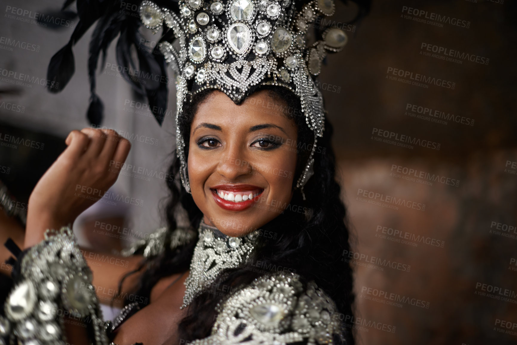 Buy stock photo Portrait, woman or dancer to smile for carnival, costume and jewelry with sparkle, bling or diamante. Black female person, red lipstick and dancing with energy, action and movement in Rio de Janeiro