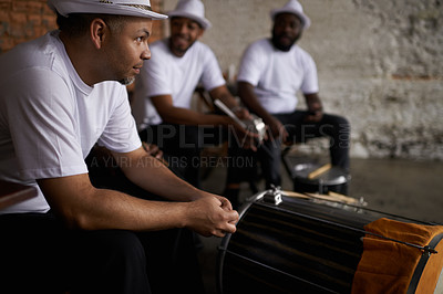 Buy stock photo Band, drums and playing or percussion live performance or music talent together or practice, concert or sound. Artist, professional and entertainment in Rio de Janeiro or equipment, relax or friends