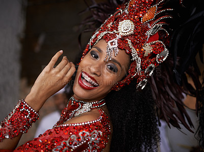 Buy stock photo Carnival, dance and woman in portrait for event in Brazil, dancer with gemstone outfit and feather head gear outdoor. Music, samba and happiness for performance and culture with festival and talent