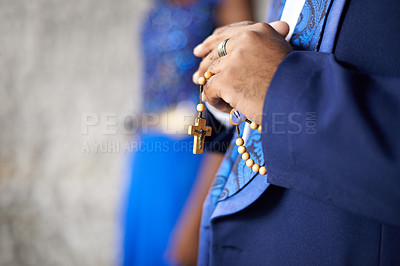 Buy stock photo Man, hands and christianity with cross for religion, belief or praying of priest or preacher at church. Closeup of male person, christian or religious person with rosary beads for tradition or ritual