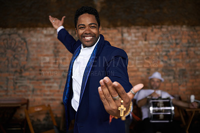 Buy stock photo Preacher, portrait and smile by stage as charismatic evangelist and man with talent in band. Happy person, face or minister in church by professional musician or share gospel message to congregation