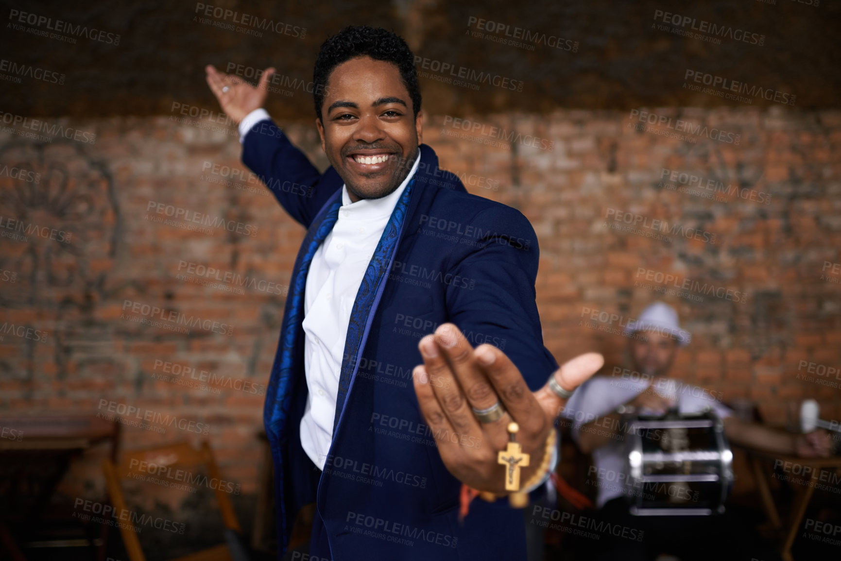 Buy stock photo Preacher, portrait and smile by stage as charismatic evangelist and man with talent in band. Happy person, face or minister in church by professional musician or share gospel message to congregation