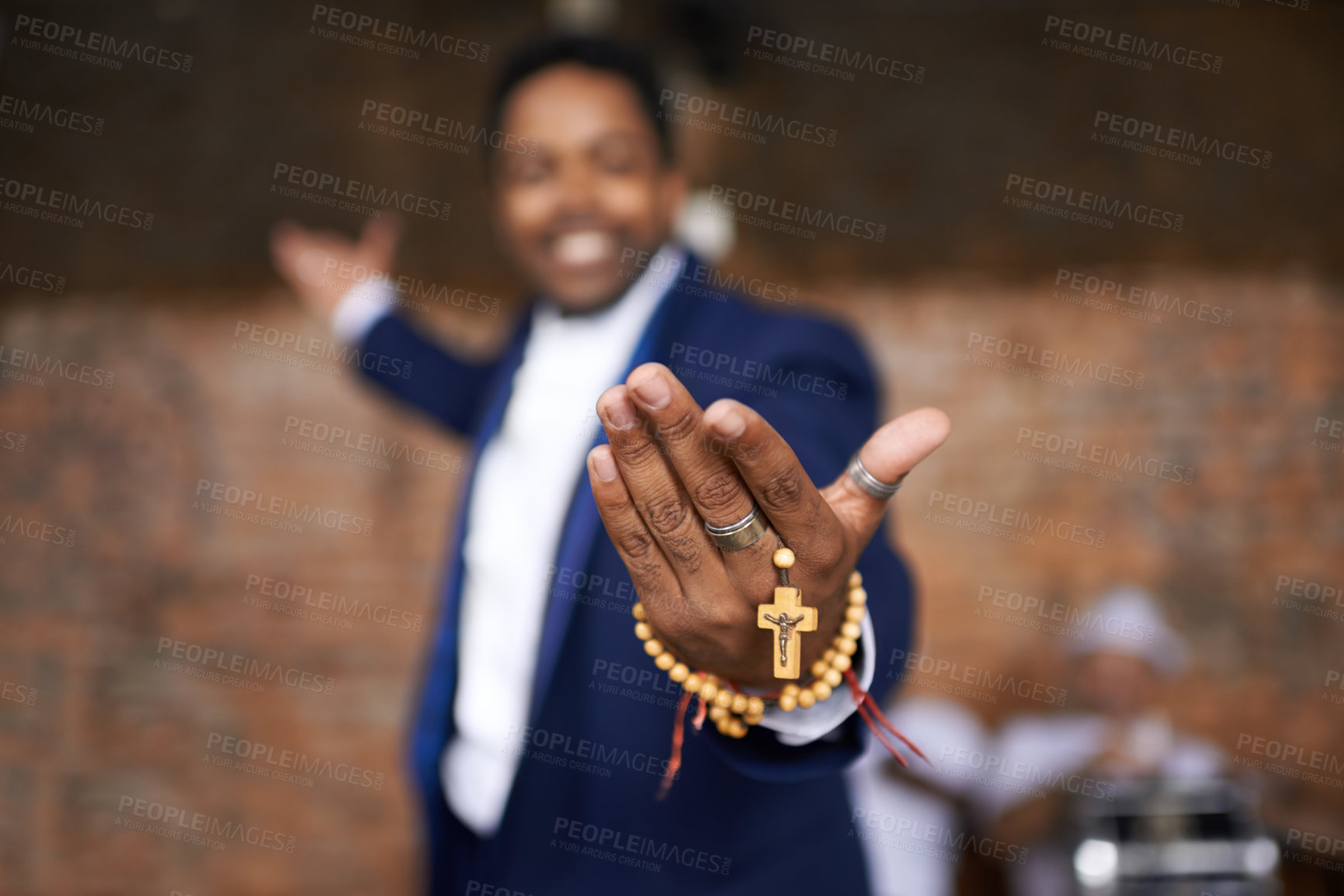 Buy stock photo Black man, christianity and hands with cross at church for holy welcome, faith or hope of spiritual leader. Closeup of African male person, priest or preacher with rosary beads for worship of god