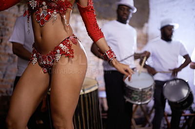 Buy stock photo Woman, dancer and samba for carnival and music festival or street performance with costume closeup. Body of person dancing with drums for event, tourism and celebration or culture in Rio de Janeiro