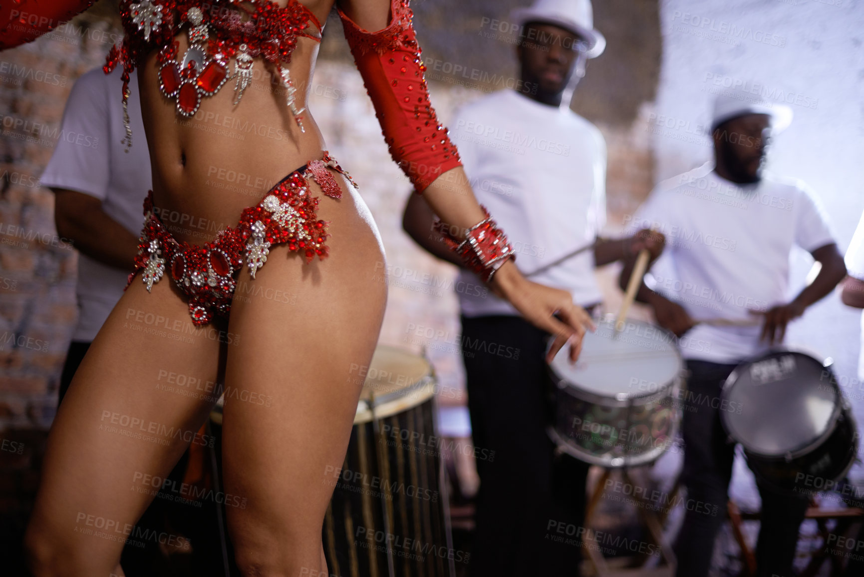 Buy stock photo Woman, dancer and samba for carnival and music festival or street performance with costume closeup. Body of person dancing with drums for event, tourism and celebration or culture in Rio de Janeiro
